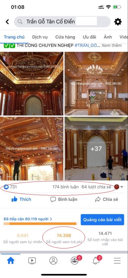 Chiến dịch quảng cáo Facebook cho công ty nội thất, dưới 10 triệu mang lại lượng chốt công trình khủng. Mỗi công trình trần gỗ này trị giá khoảng trên 200 triệu đồng. Khách hàng đã gắn bó với E-smart suốt 5 năm qua.